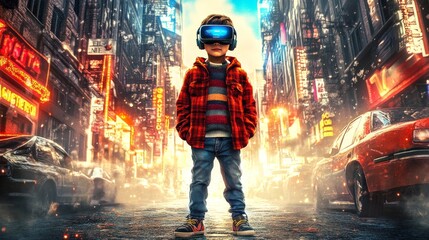 Poster - Future digital technology metaverse game and entertainment, Teenager playing virtual reality goggles, sport game in 3D cyber space futuristic neon background,
