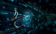 © TheseusStock - Digital human hand holding an AI icon with digital technology and business on a dark background.