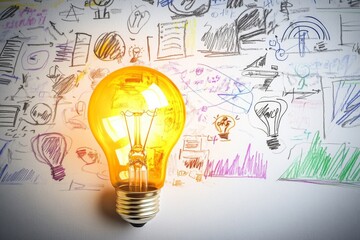 Wall Mural - Bright light bulb shining against a backdrop of artistic sketches and doodles on paper, symbolizing innovative business ideas, concepts, and graphs for creative inspiration and visual communication.