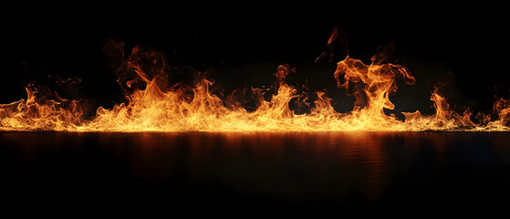 Wall Mural - Real line of fire flames isolated on black background. Mockup on black of wall of fire.