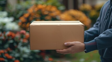 Poster - Close up of hands handing a cardboard box to a delivery man at the front door, copy space for text and a blurry background with blurred nature trees in the garden at home. Generative AI.