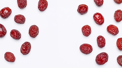 A white background is isolated from dried Chinese red dates on a red background