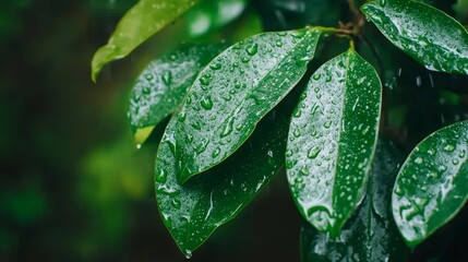 An up-close macro shot of water drops on a green leaf