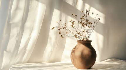 Sticker - Text space on a white desk with a brown vase of dried autumn flowers and sunlit curtains