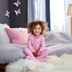 Happy cute adorable toddler girl, sweet 3 year old kid in pajamas sitting on bed after nap sleep