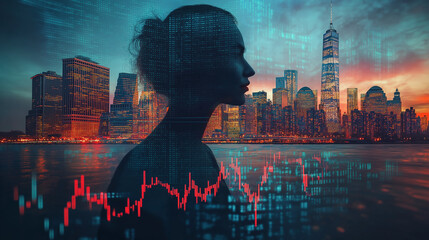 Poster - A woman's silhouette is projected onto a city skyline. Concept of mystery and intrigue, as the woman's face is obscured by the cityscape. The use of the city as a backdrop adds a sense of depth