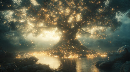 Wall Mural - A tree with glowing lights on it is surrounded by water and rocks. The scene is serene and peaceful, with the glowing lights creating a magical atmosphere