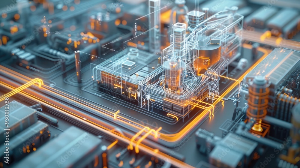 An aerial view of a digital twin of a tech factory, semi transparent ...