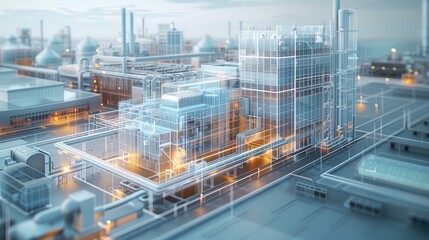 Leinwandbilder - An aerial view of a digital twin of a tech factory, semi transparent that can view the interior of the factory. Generative AI.