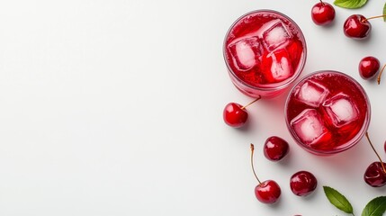 Isolated view of cocktail garnished with cherry and fresh cranberry juice with ice and text