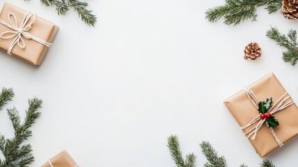 Canvas Print - Arrangement of white Christmas decorations and fir trees on a white background with space for text