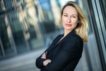 Confident businesswoman standing with arms crossed in front of office building