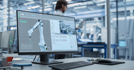Fototapete - Modern Industrial Manufacture with Desktop Computer with Automation Software for Robotic Arm. Scientific Lab, Engineering Research Center with High-Tech Equipment, Technology for Robot Development