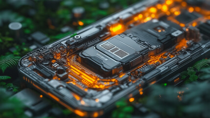 Poster - A close up of a phone's internal components, with the screen and keyboard visible. The image has a futuristic, almost sci-fi feel to it, with the phone's components glowing in the dark