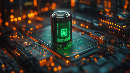 Poster - A green object is on top of a circuit board. The object is surrounded by orange lights. Concept of technology and innovation
