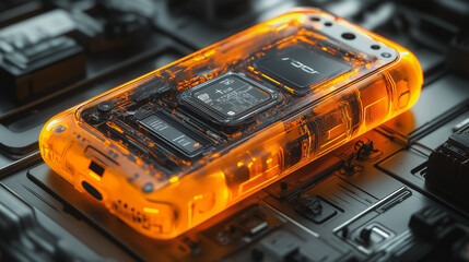 Poster - A cell phone is shown in a close up with its internal components visible. The phone is orange and he is a prototype. Concept of curiosity and fascination with the inner workings of the device