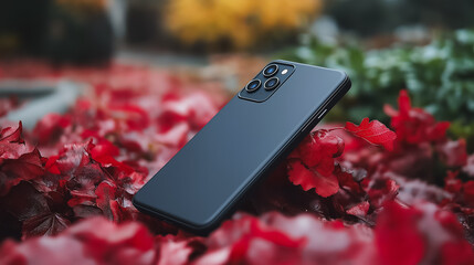 Wall Mural - a black iphone is laying on top of red leaves. the phone is the only object in the image, and it is 