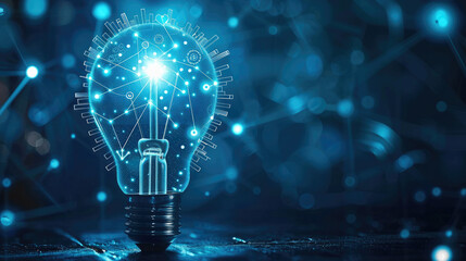 Poster - Abstract blue light bulb and cog wheels. Creative Thinking or Business Innovation concept. Digital gears inside polygonal lightbulb in polygons and lines. Generative AI.