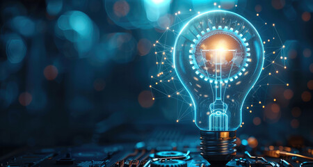 Poster - Abstract blue light bulb and cog wheels. Creative Thinking or Business Innovation concept. Digital gears inside polygonal lightbulb in polygons and lines. Generative AI.