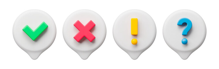 Poster - 3d realistic set of check icons. Vector illustration of round green tick, red cross, yellow exclamation point, blue question mark. Collection of check icons isolated on white background
