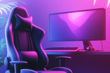 Poster - A futuristic gaming setup with a computer and a gaming chair, with a gradient backdrop.