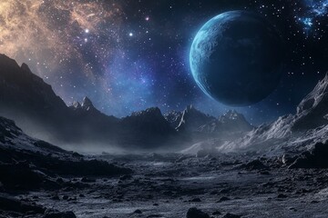 the surface of the moon with a dark background. a space panorama. the mission. generative a-grade.