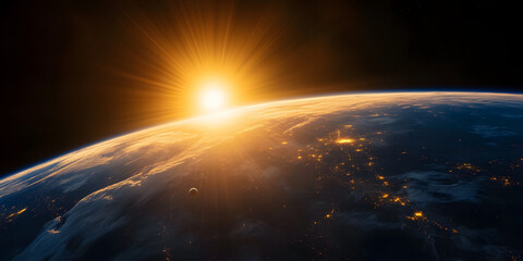 Wall Mural - a view of the earth from space, with the sun in the middle of the image,