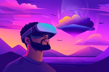 Poster - Virtual Reality. Person experiencing a metaverse virtual digital technology game with VR glasses, defi, and GameFi.