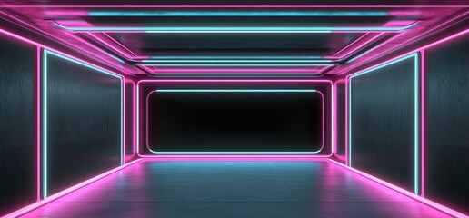 Poster - Dark neon futuristic sci-fi triangle alien spaceship purple blue empty glowing vibrant laser showcase stage corridor entrance entrance grunge concrete grunge reflection 3D rendering