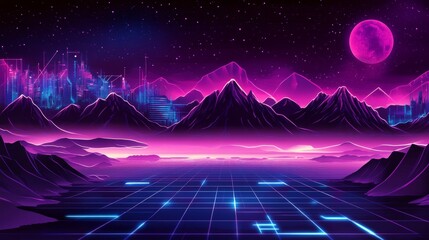 Poster - this is a neon pink and purple synthwave retro cyberpunk style landscape background banner or wallpa