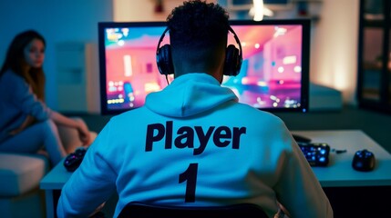 Wall Mural - A Gamer Plays an Online First-Person Shooter Video Game on his Powerful Personal Computer. The PC has cold neon lights. The room is dark.