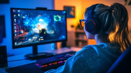 Wall Mural - Gaming girl in glasses and headphones with a microphone playing an online strategy game on her computer. The room and the computer are illuminated with warm neon lights.