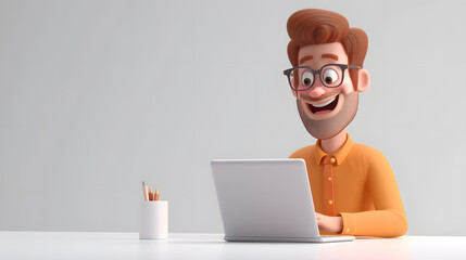 Wall Mural - A cartoon office worker excitedly reading a document, engaged in work or review