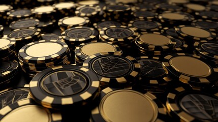 Three-dimensional rendering of gold poker chips on a black background with nightlife and a risky game at a casino. Gold casino chips are isolated on black background with nightlife.