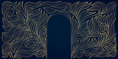 Wall Mural - vector arch and leaves art deco texture, line nouveau luxury illustration, nature ornament, gold on 