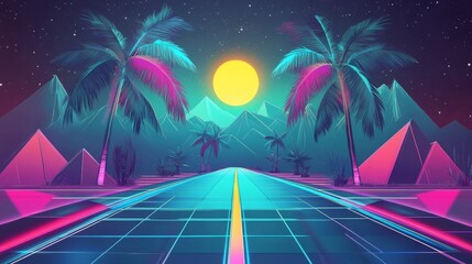 Sticker - A retro futuristic sci-fi background featuring neon lights and a low poly terrain grid. A stylized vintage cyberpunk vaporwave render with mountains, sunshine, and stars.