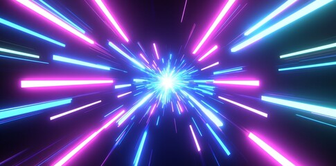 Poster - 3D rendering of neon colors in blues and purples. Speed of light in galaxy. Explosion in universe. Space background for party, carnival, celebration, anniversary, or other event.