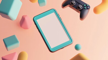 Fototapete - On a pink background, players play with phones, games, boxing gloves and aircraft. This is a 3D rendering.