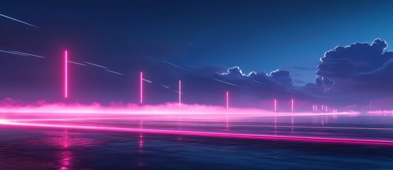 Poster - Technology cyberpunk fintech big data 5G network and AI with trail lights and building light reflections in a futuristic city at night