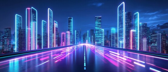 Poster - Symbolizing technology, cyberpunk, fintech, big data, 5G network, and stock, with trail lights and building light reflections.