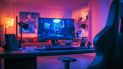 Poster - a gaming computer with purple neon lights for e-sports in the near future. generation ai.