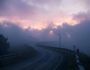 heavy fog on a winding road during twilight, with streetlights glowing softly in the distance create with ai