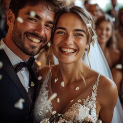 Poster - Wedding, happy couple, many people happy, celebrating. Generative AI.