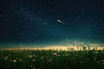 shooting star over an open field with wildflowers