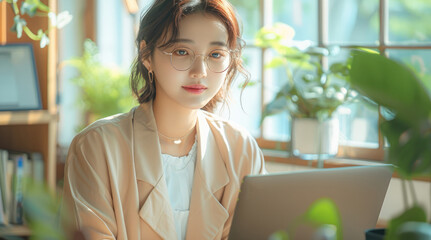 Poster - A Korean businesswoman working on her laptop in an office, surrounded by green plants and modern decor. She is wearing glasses and has short brown hair tied back. Generative AI.
