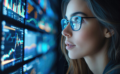 Poster - Businesswoman analyzing market trends on multiple screens, symbolizing economic strategy, modern office. Generative AI.
