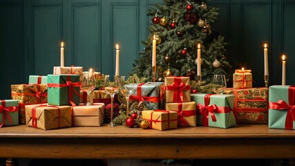 Wall Mural - christmas still life with gift boxes, candles, baubles and christmas tree. winter or christmas festi
