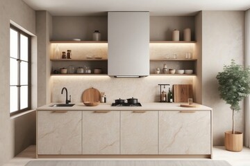 Modern Kitchen Interior with Beige Cabinets and Open Shelving