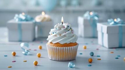 Poster - Birthday cupcake placed between open white gift boxes cupcake decorated with cute decorations and a small lit candle, birthday party, minimalism. Generative AI.