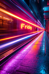 Poster - Neon Friday in motion, zooming forward with a sense of excitement on a black background,